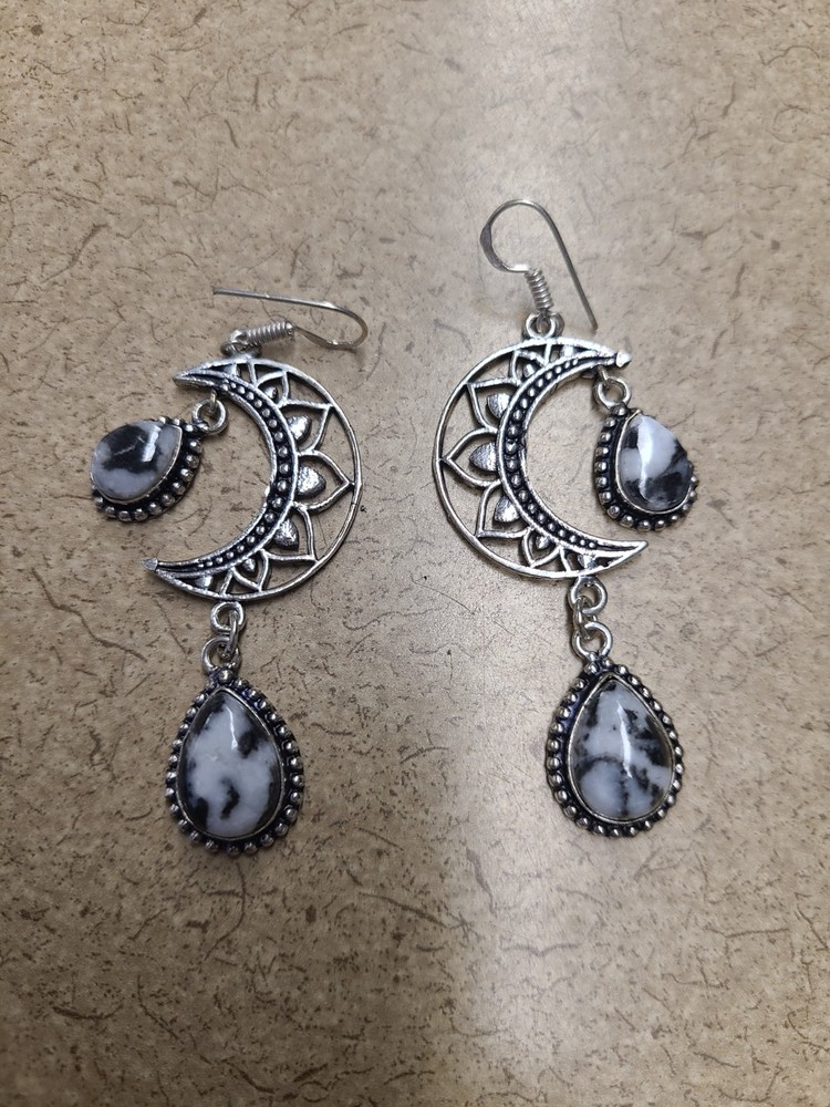 Sterling Silver Zebra Marble Moon Earrings