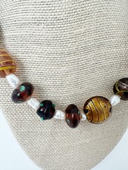 NWT Genuine Murano Glass & Pearls Beaded Necklace Brown White