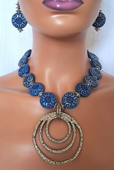 Zen Asian Inspired Silver Blue Large Swirl Pendant Necklace Set
