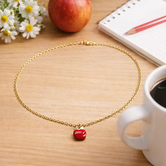 Red Apple Charm Necklace – Gold Trim & Etched Cable Chain – Lobster Clasp