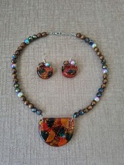 Handcrafted Glass Multicolor Jewelry Set Necklace Earrings Wood Bead Half Circle