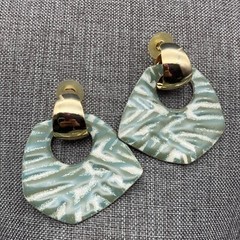 Dangle Hoop Pierced Earrings Fired Glass Enamel Gold Cream Olive Green Retro