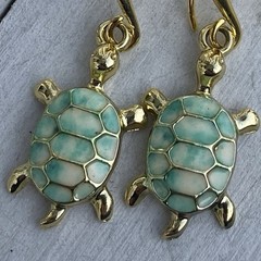 Min Favorit Turquoise & Cream Enamel Sea Turtle Gold Pl Artisan Drop Earrings