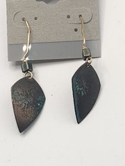 Artisan Patina Copper Earrings Hammered Verdigris Leaf Drop Modern Jewelry