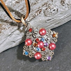 Rustic Antique Bronze Rhinestones Gatsby Daisy Pendant Necklace Vegan Leather
