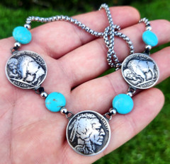 Authentic Buffalo Indian Nickel coins turquoise stones necklace choker pendant