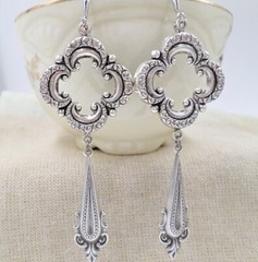 Victorian Goth Earrings, Large Antique Silver Tone Quatrefoil Medieval Jewelry