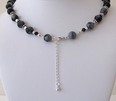 Snowflake Obsidian Necklace, Swirly Pewter, Sterling Lobster Clasp, Gift Box