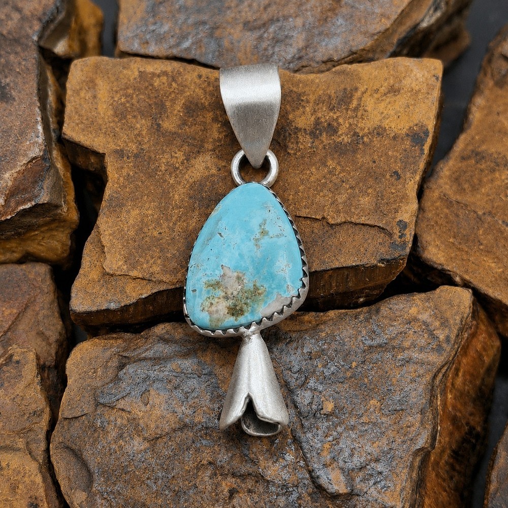 White Water Turquoise Squash Blossom Pendant Sterling Silver SW Native Style