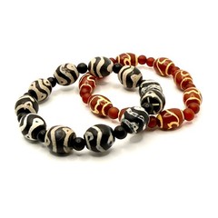 Black Red Etched Dzi Agate Boho Stretch Bracelet Set