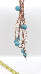 Turquoise & Genuine Freshwater Pearl 32″ Tie Necklace Belt Single Strand Boho