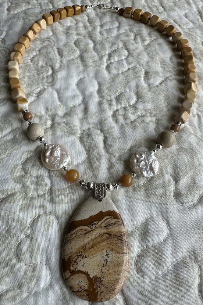 Large Picture Jasper Teardrop Pendant Mix Gem Beaded Statement Necklace-Handmade
