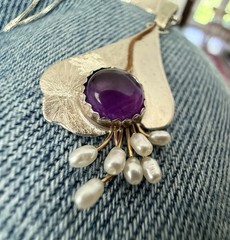 Vtg Designer Sterling 925 Amethyst, Pearl Beads Gold Wire Pendant Necklace 18”in