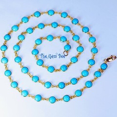 18k Solid Yellow Gold 24″ Necklace 6.4mm Round Sleeping Beauty Turquoise Bezel