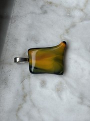 Artisan Fused Glass Pendant With Amber And Green Swirls Silver With Bail