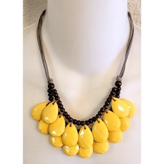 Vintage Boho Yellow Beaded Necklace Gray Suede Chain Tear Drop Cascade Bib