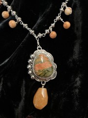 Unakite Stones on Long Stainless Steel Necklace 16″ East Indian Style~Design NIA