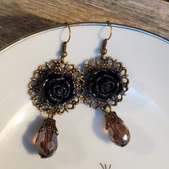 Bronze Filigree Black Rose Cabochon Teardrop Cut Crystal Earrings