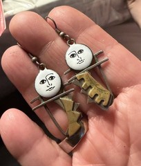 Artisan Sterling Mixed Metal Enamel Face Dangle Earrings