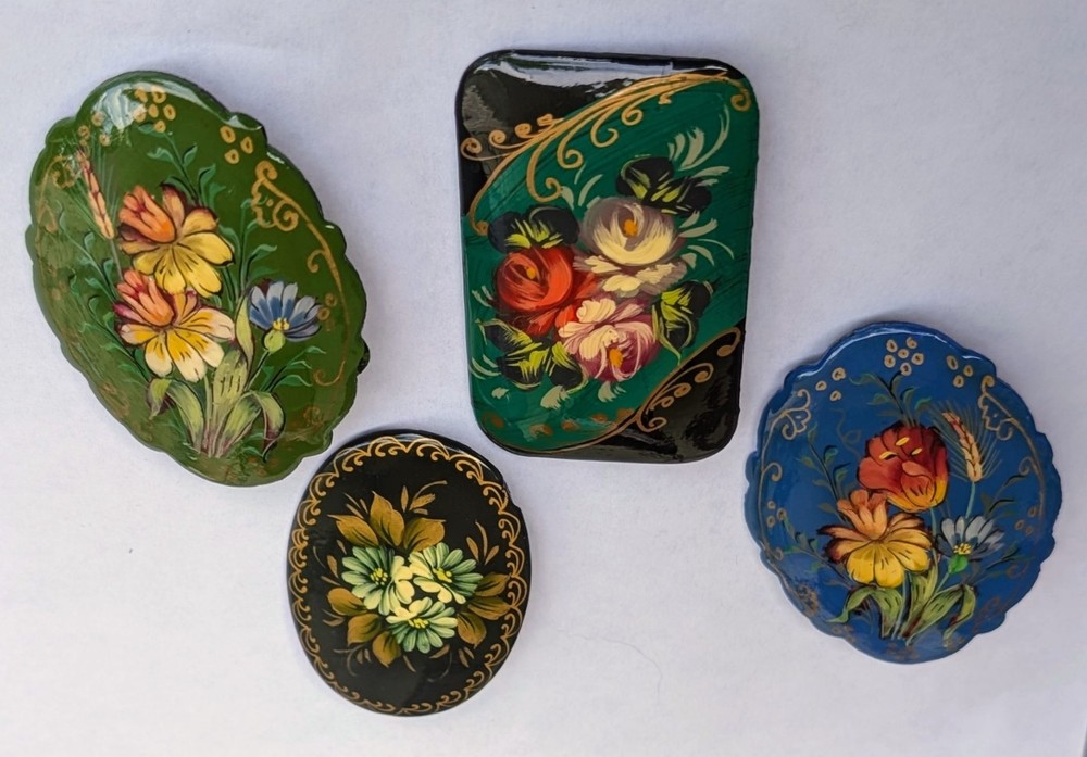 4 Lacquer Russian Pins Brooch Handmade Signed Painted Floral Flowers