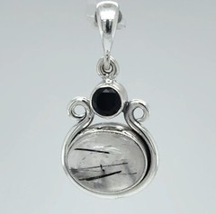 Oval RUTILATED QUARTZ and Black Onyx Pendant – 925 STERLING SILVER #6e