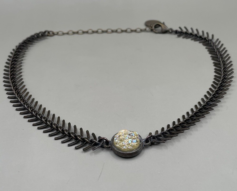 Gemelli Women’s Necklace Dark Brass Tone Metal Fishbone Chain Drusy Quartz