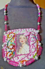 Handmade Crocheted art Necklace Cotton Fabric embroidered crocheted+ Beads