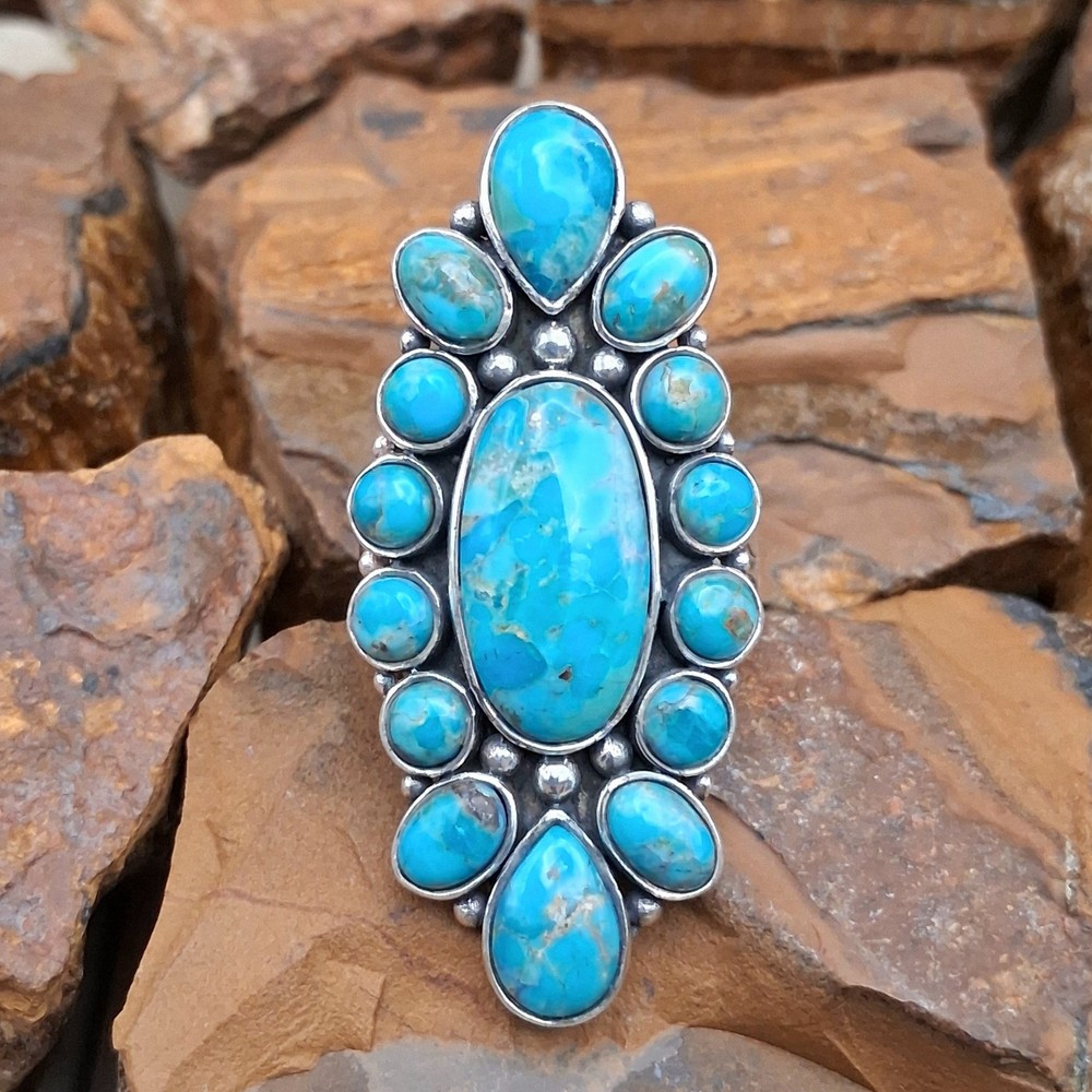 Large Mojave Turquoise Cluster Ring Sz 9 Sterling Silver Southwestern Statement