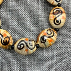Lampwork Handmade Glass Bracelet Stretch Beige Orange Black S Swirl Beads