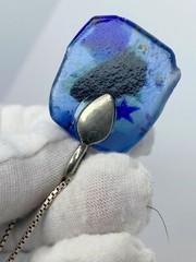 Avon Dichroic Fused Art Glass Blue Floral Square Pendant Necklace 925 Chain