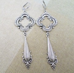 Victorian Goth Earrings, Large Antique Silver Tone Quatrefoil Medieval Jewelry