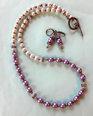 WHITE & LAVENDER GLASS PEARL Faceted Crystal BRONZE necklace set LEVERBACK