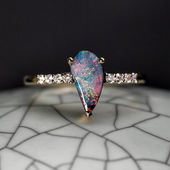 Pear-Shaped Natural Black Opal Diamond Ring Solid 14K Yellow Gold