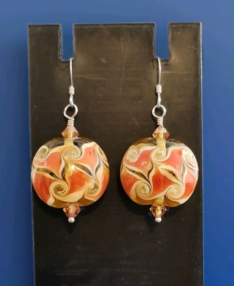 Sterling Silver 925 Gold/Coral Artisan Boho Lampwork Glass Drop Earrings