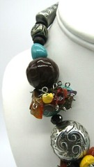Boho Artisan Gemstone Clusters, Ceramic, Wood & Silver Tone Beaded Necklace 18″