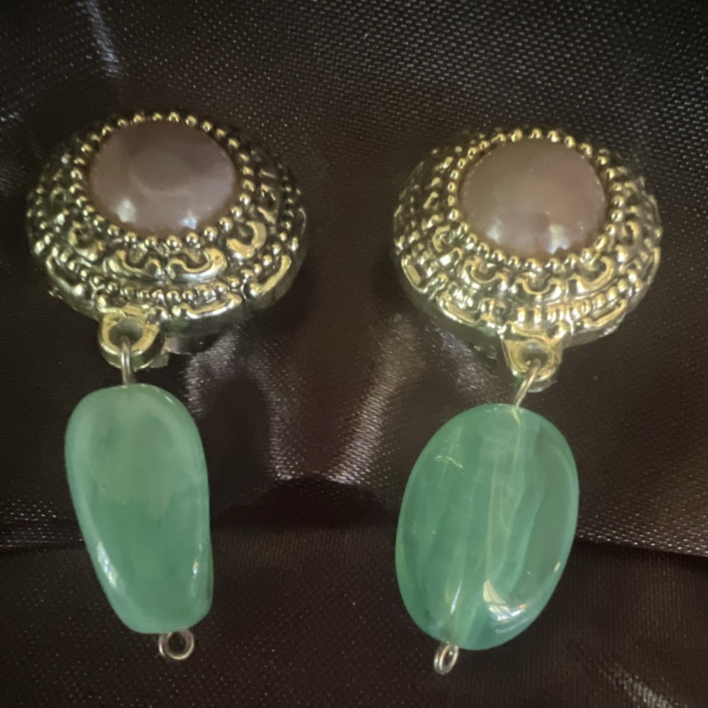 Handcrafted Gold Tone Dangle Clip-On Earrings Green Glass Round Oval Women