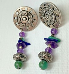 Silver Medallion Dangle Pierced Amethyst Turquoise Earrings