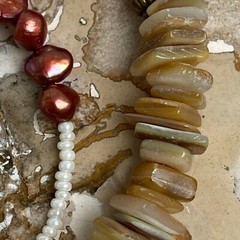Handmade Beaded Necklace Tan Mother of Pearl Shell Beads and Copper Dyed Pearls