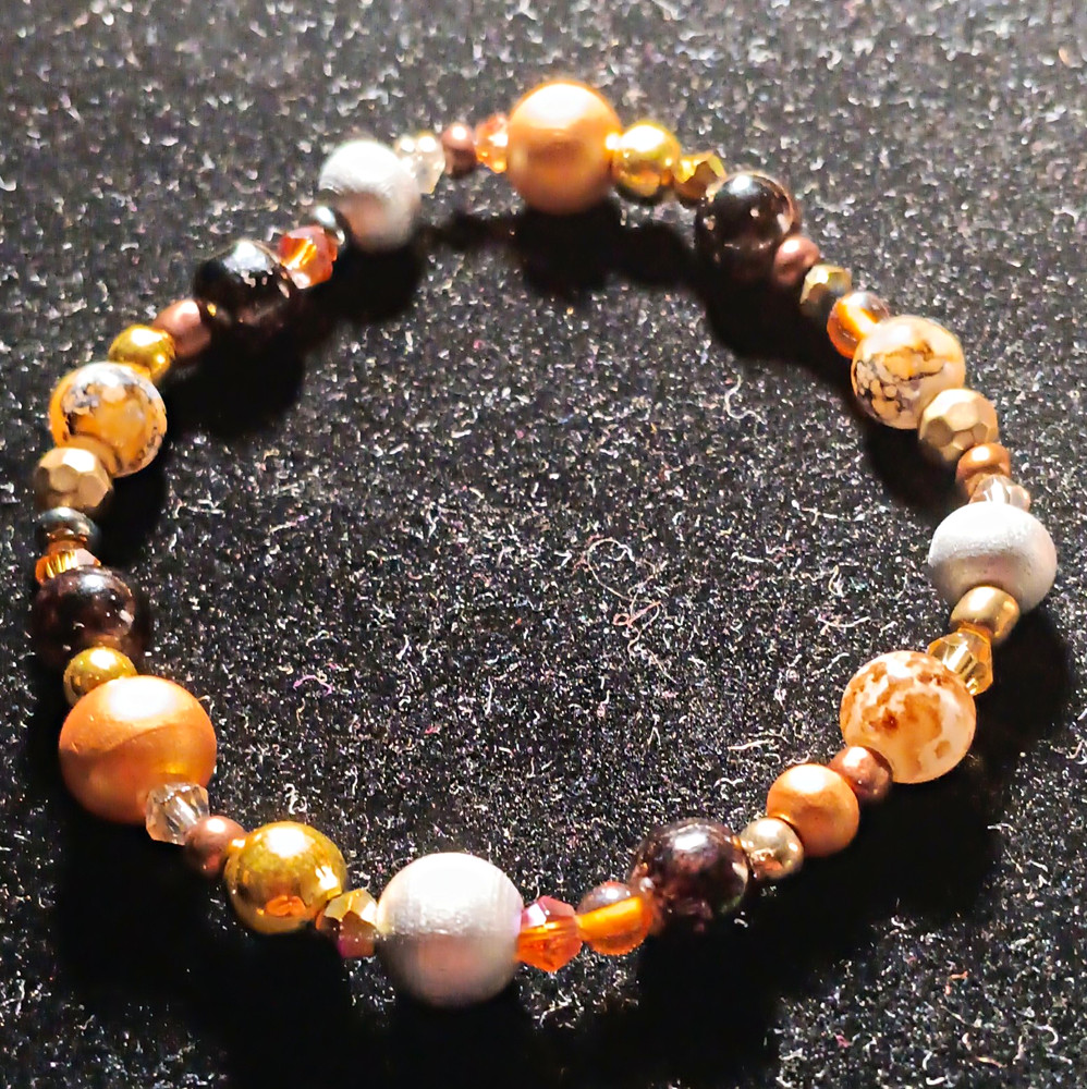 Handmade Boho Stretch Bracelet With Wood, Glass, And Metal Beads