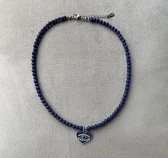 NAVY BLUE LAVA ROCK EVIL EYE Pendant Unisex Necklace 16.5” Handcrafted