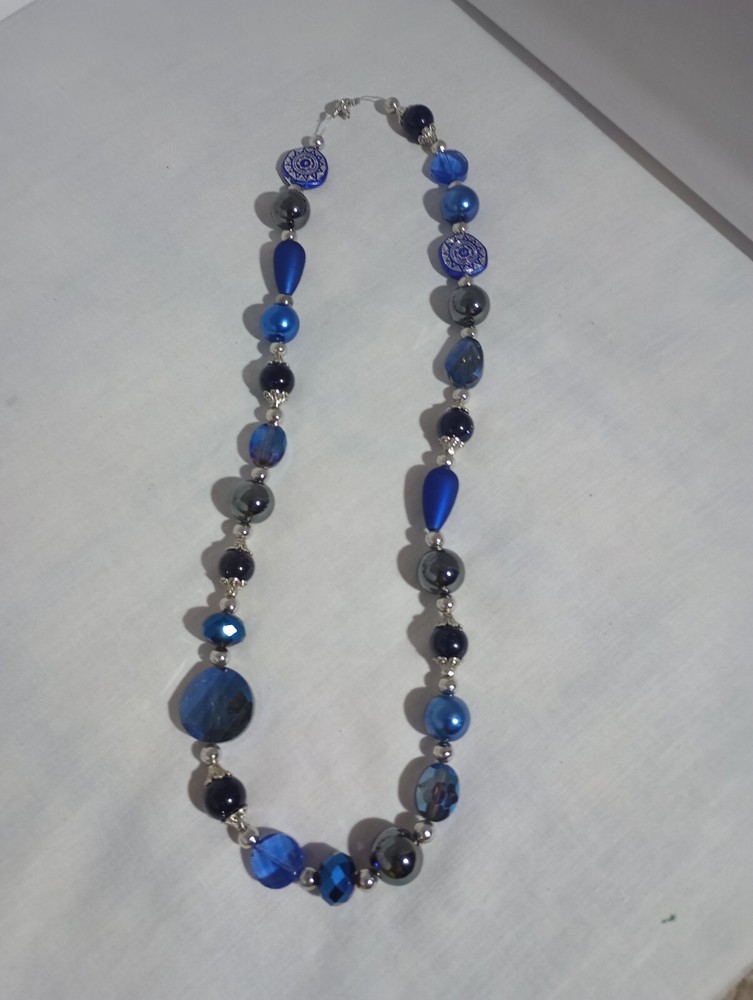 Handmade Necklace Dark Blue Glass Beads Silver Beadcaps 23 Inch Women’s Jewelry