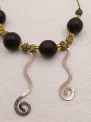 Vintage Boho BeadedCordNecklace W/ Metal Scroll Design Drops&Unikite,Glass Beads