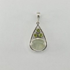 925 Sterling Silver Oval Green Prehnite and small Round Peridot Teardrop Pendant