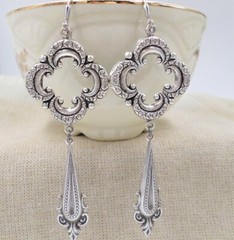 Victorian Goth Earrings, Large Antique Silver Tone Quatrefoil Medieval Jewelry
