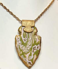 Handmade Green Pink & Gold Polymer Clay Pendant 18″ Necklace on SS Cable Chain