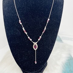 Sterling Silver Garnet Y Lariat Gemstone Pendant Necklace 17″ Signed N & E
