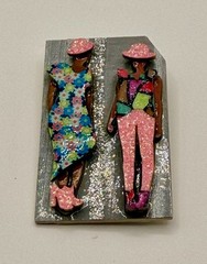 Designs by Lucinda Artisan Brooch Pin Two Women Glitter Wood Signed Colorful
