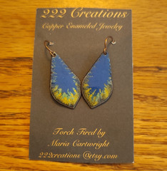 222 Creations Handcrafted Copper Enamel Teardrop Dangle Earrings Blue Yellow
