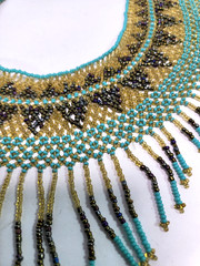 Hand Beaded Collar Bib Necklace Glass Beads Turquoise Blue Golden Browns