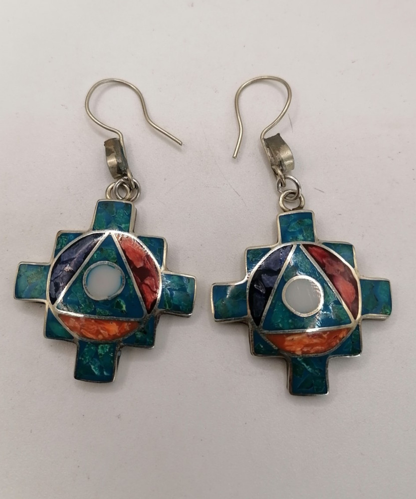 Handmade Alpaca Chakana Inca Earrings for Women